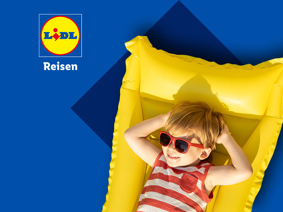 Lidl Reisen Logo mit Kind auf gelber Luftmatratze