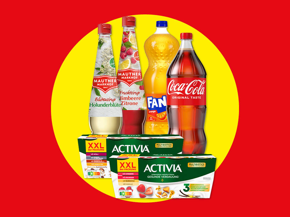 Eine Auswahl an Getränken und Joghurtprodukten, darunter Coca-Cola, Fanta und Activia.