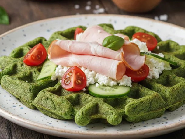 Grüne Waffeln mit Schinken, Hüttenkäse, Tomaten und Gurken auf einem Teller.