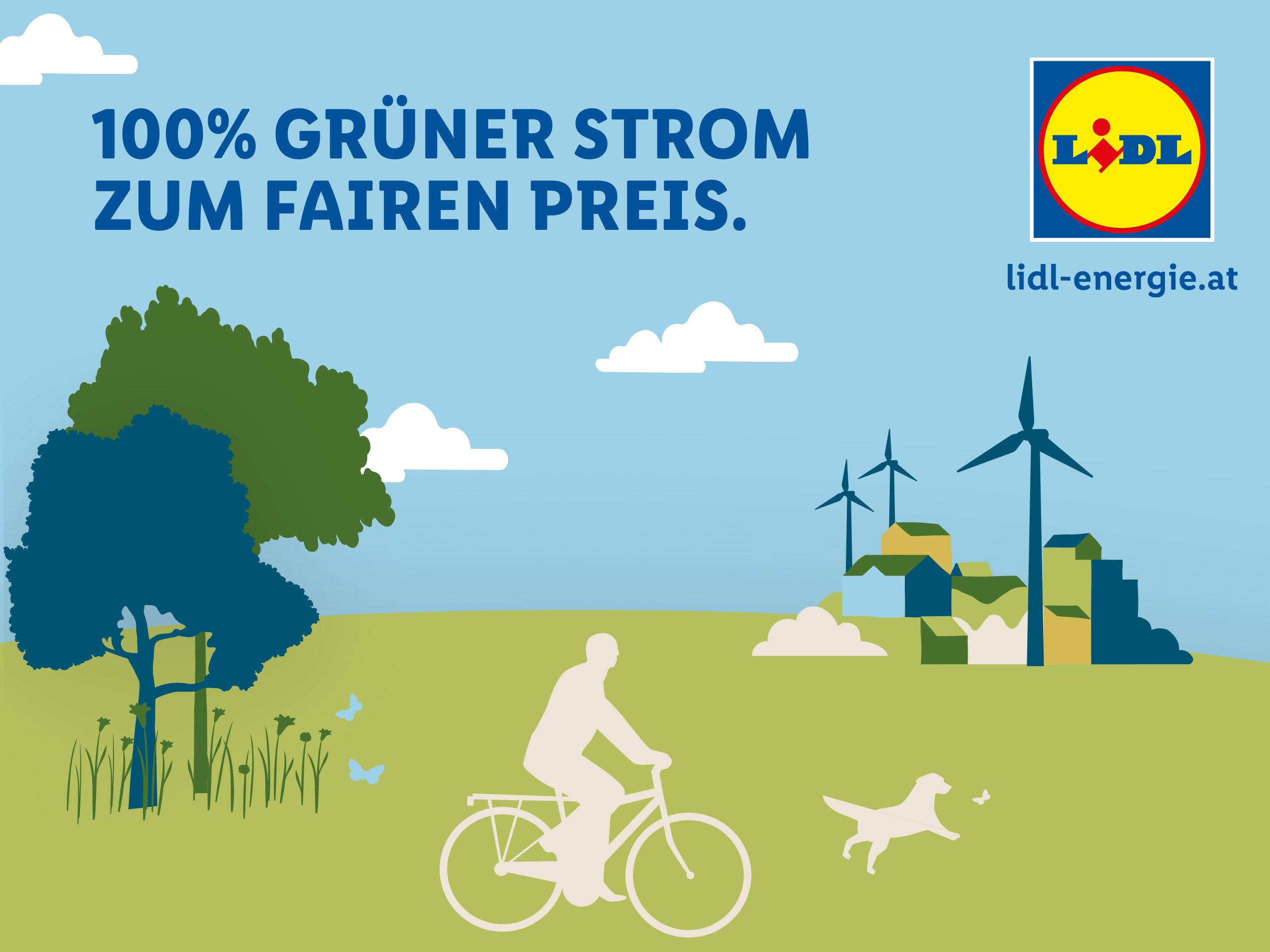 Lidl-Energie wirbt mit 100% grünem Strom zu fairen Preisen, illustriert durch eine idyllische Landschaft mit Windrädern und einem Radfahrer.