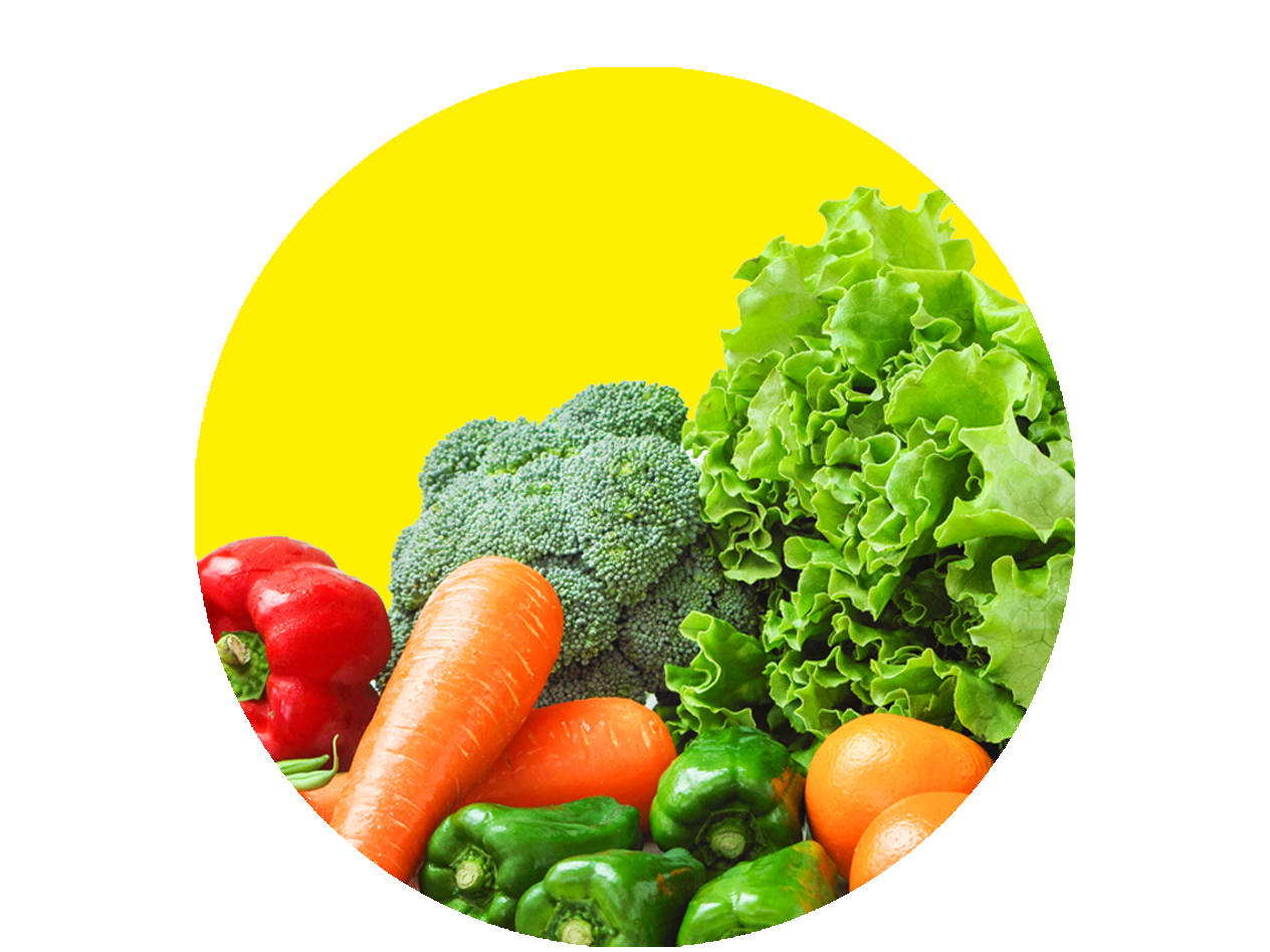 Frisches Gemüse und Obst, darunter Brokkoli, Karotten, Paprika und Salat, vor gelbem Hintergrund.