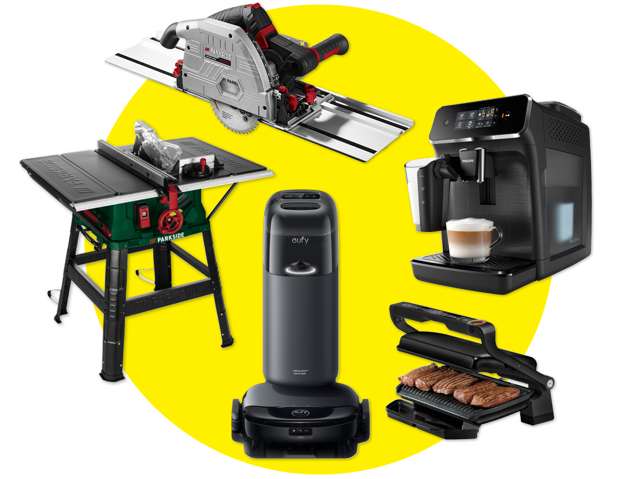 Parkside Sägen, Philips Kaffeemaschine, Eufy Saugroboter und Grill auf gelbem Hintergrund.