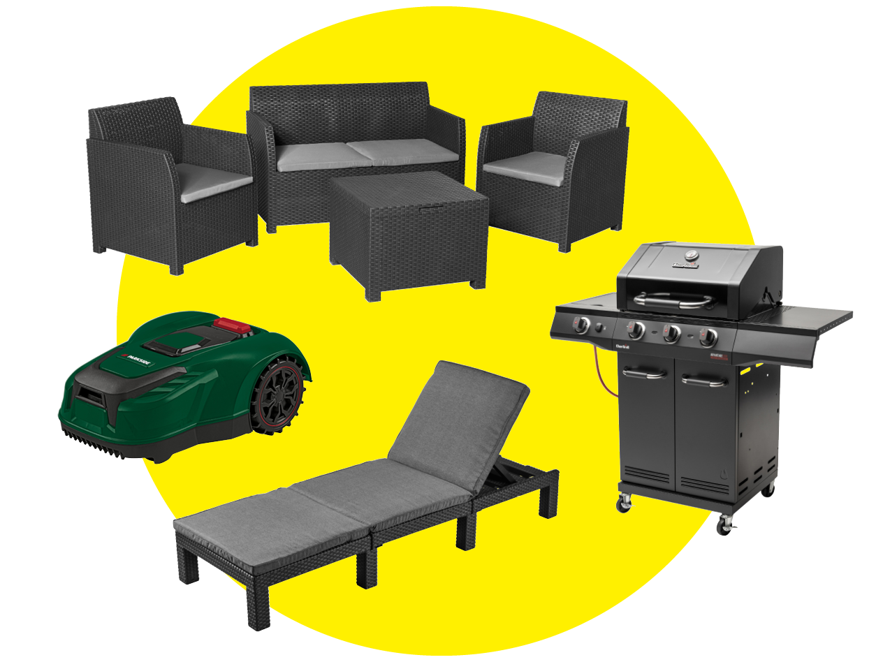 Gartenmöbel-Set, Rasenroboter, Sonnenliege und Grill auf gelbem Hintergrund.
