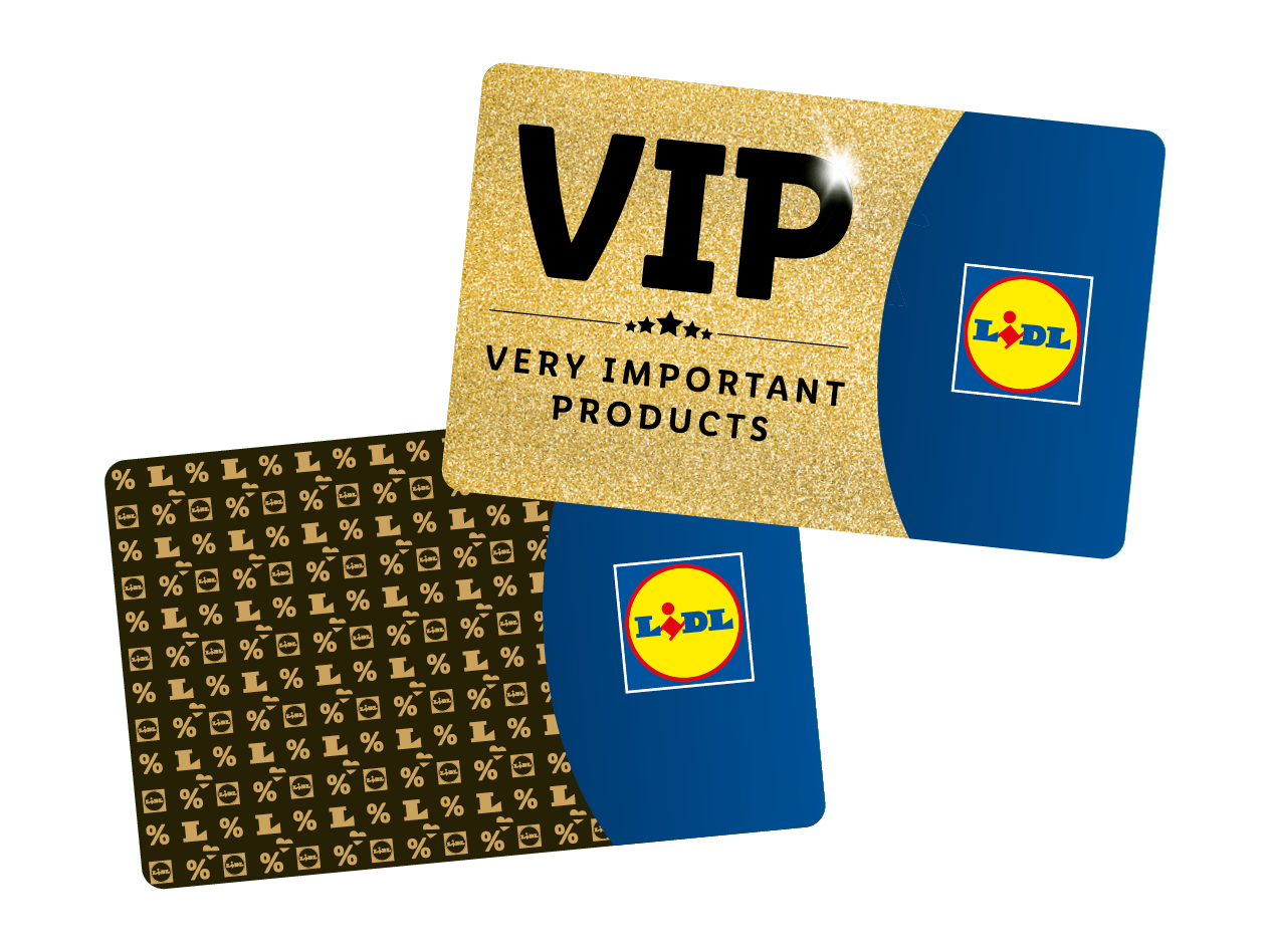 Zwei Lidl-Karten: eine goldene VIP-Karte und eine blaue Karte mit Prozentzeichen.