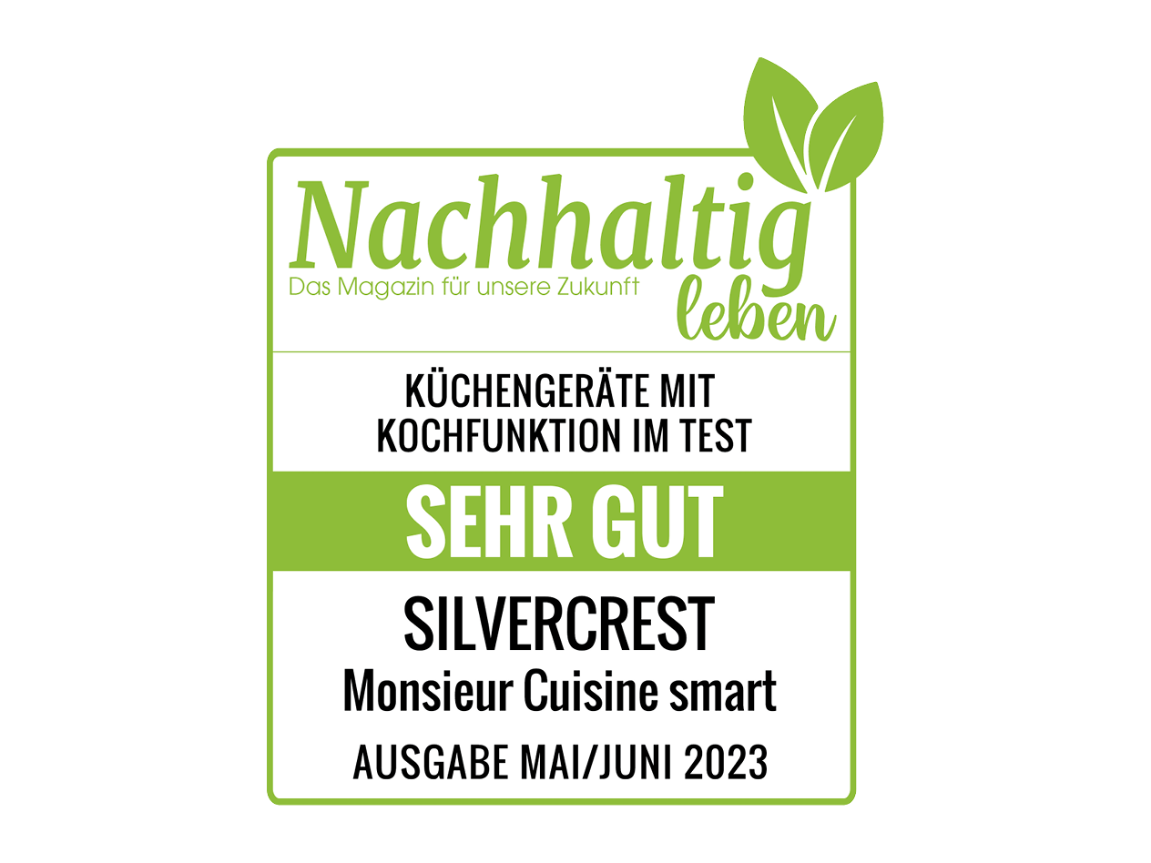 Nachhaltig leben Magazin: Küchengeräte mit Kochfunktion im Test, sehr gut bewertet: Silvercrest Monsieur Cuisine smart, Ausgabe Mai/Juni 2023.