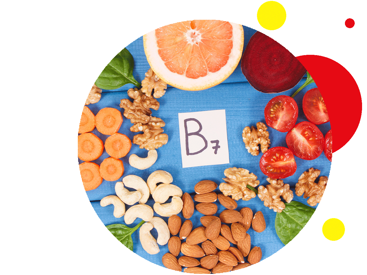 Eine Auswahl an Lebensmitteln, die reich an Vitamin B7 sind, darunter Nüsse, Karotten und Grapefruit.