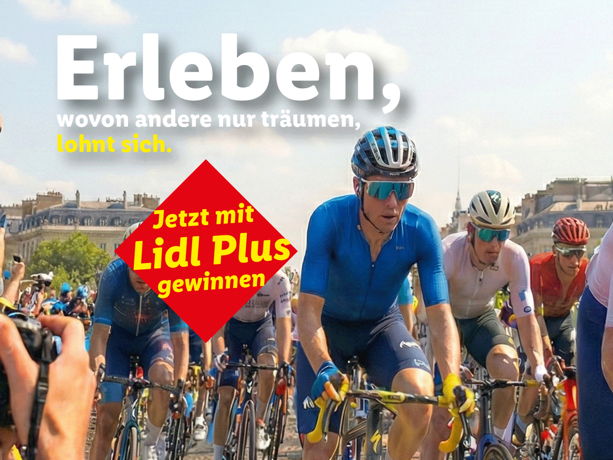 Radfahrer in Aktion mit dem Text 'Erleben, wovon andere nur träumen, lohnt sich. Jetzt mit Lidl Plus gewinnen'.