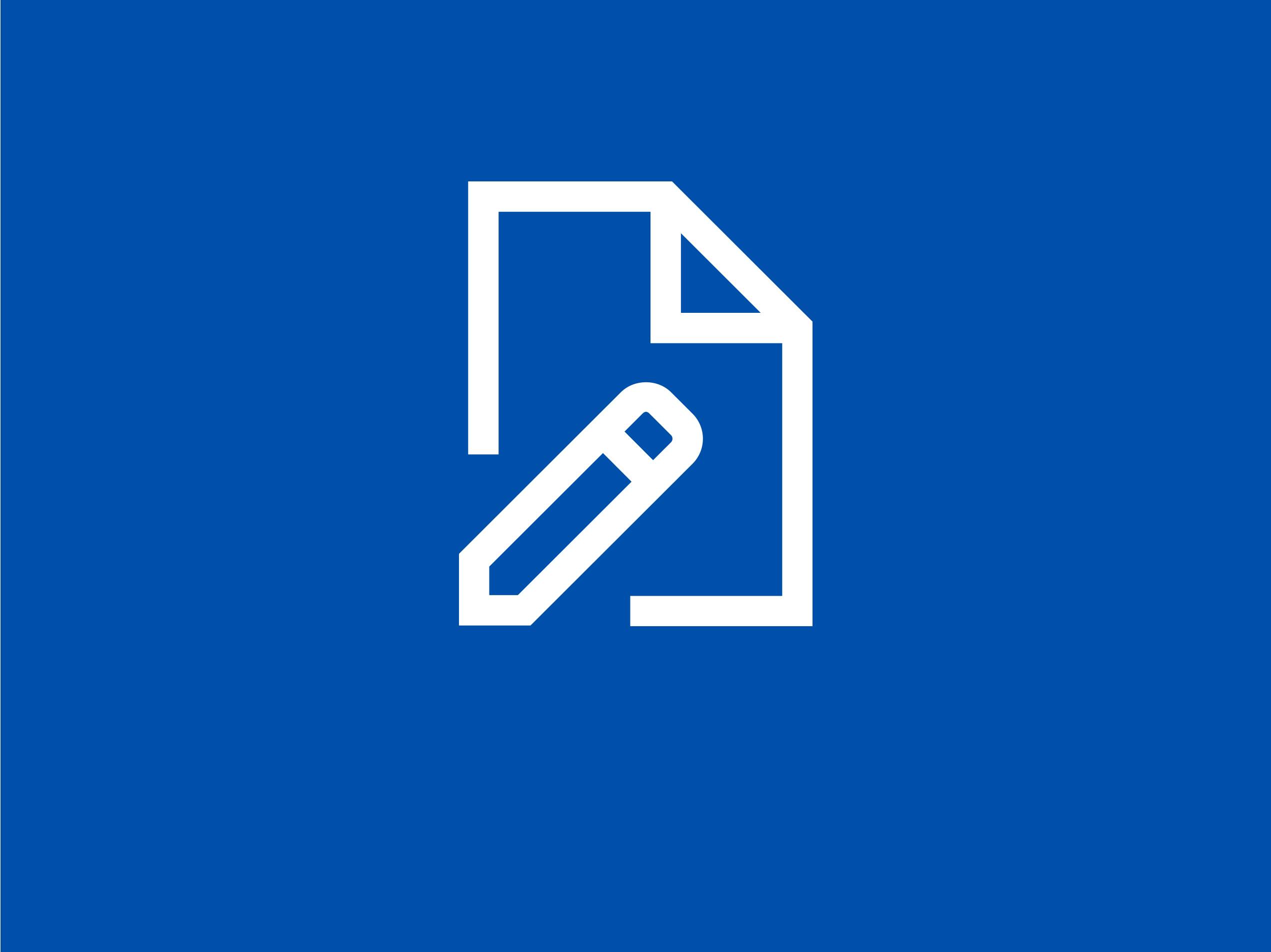 Ein weißes Bleistiftsymbol über einem weißen Dokument-Symbol auf blauem Hintergrund.