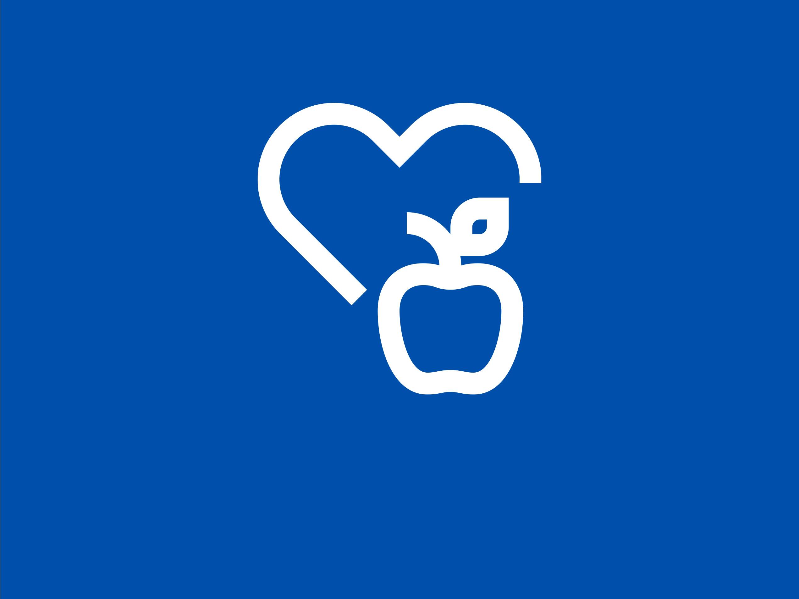 Ein weißes Apfel-Herz-Symbol auf blauem Hintergrund.
