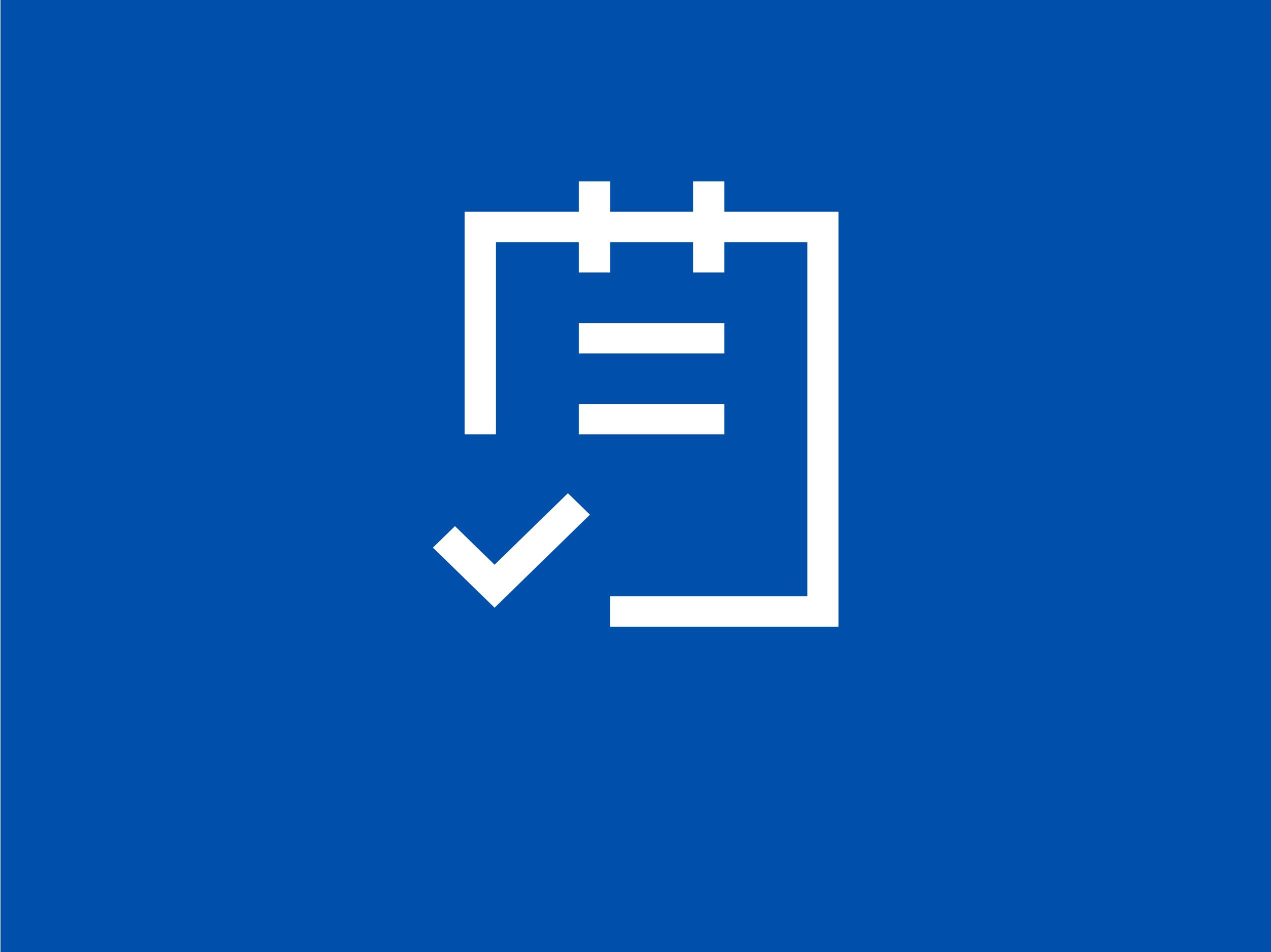 Ein weißes Symbol einer Checkliste mit Häkchen auf blauem Hintergrund.