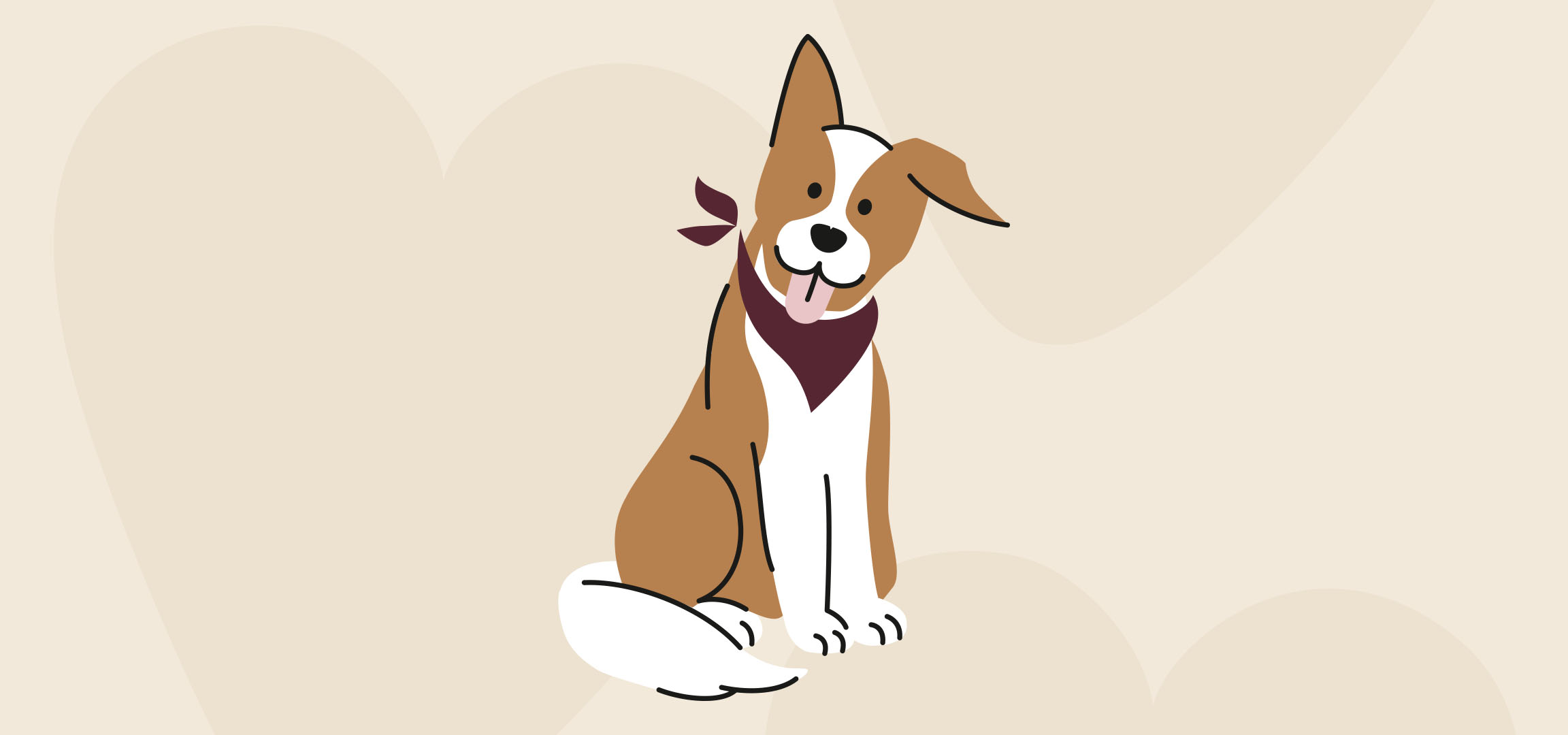 Fröhlicher Cartoon-Hund mit rotem Halstuch sitzt auf hellbeigem Hintergrund.