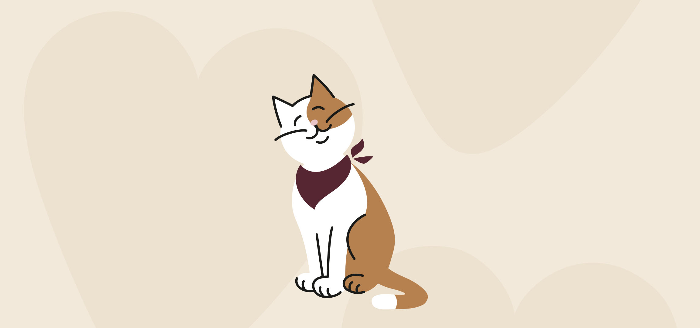 Eine lächelnde Katze mit bordeauxrotem Halstuch auf beigem Hintergrund mit abstrakten Formen.