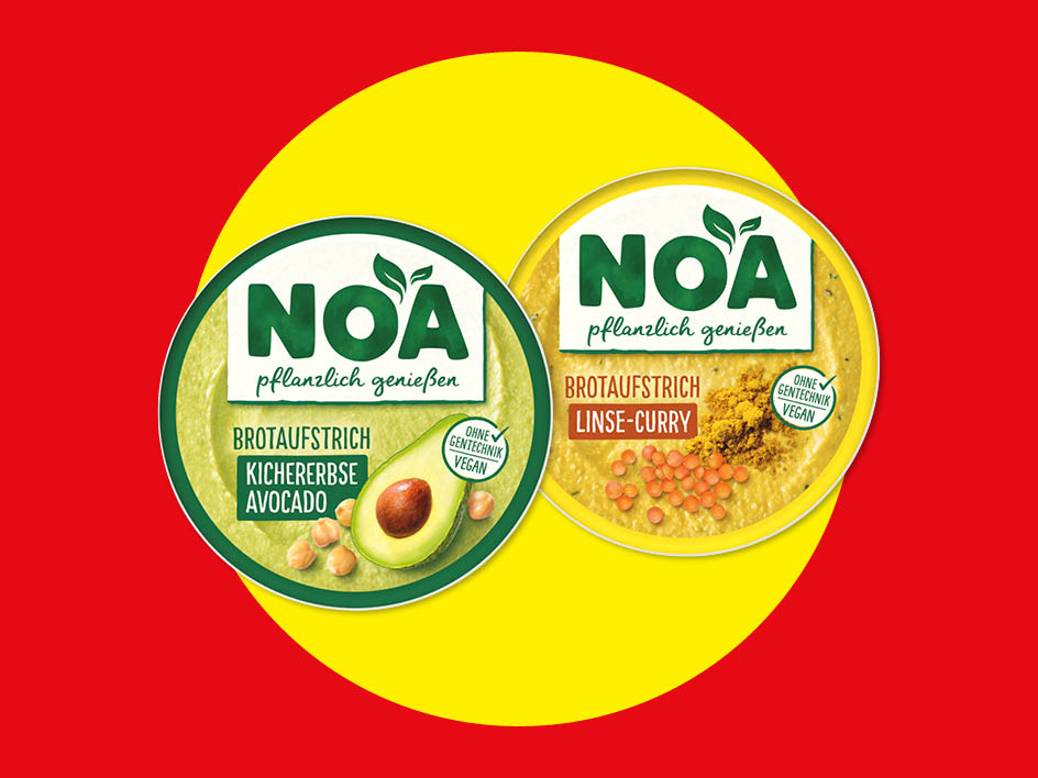 Zwei Packungen Noa Brotaufstrich: Kichererbse Avocado und Linse-Curry.