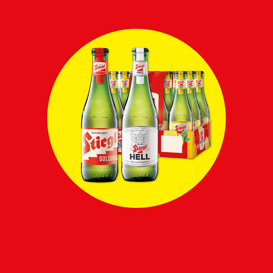 Stiegl Goldbräu und Hell Biere in Flaschen und Sixpacks auf rotem und gelbem Hintergrund.