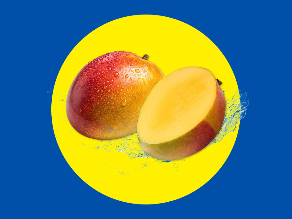 Zwei Mangos, eine ganze und eine halbierte, auf gelbem Kreis mit blauem Hintergrund.