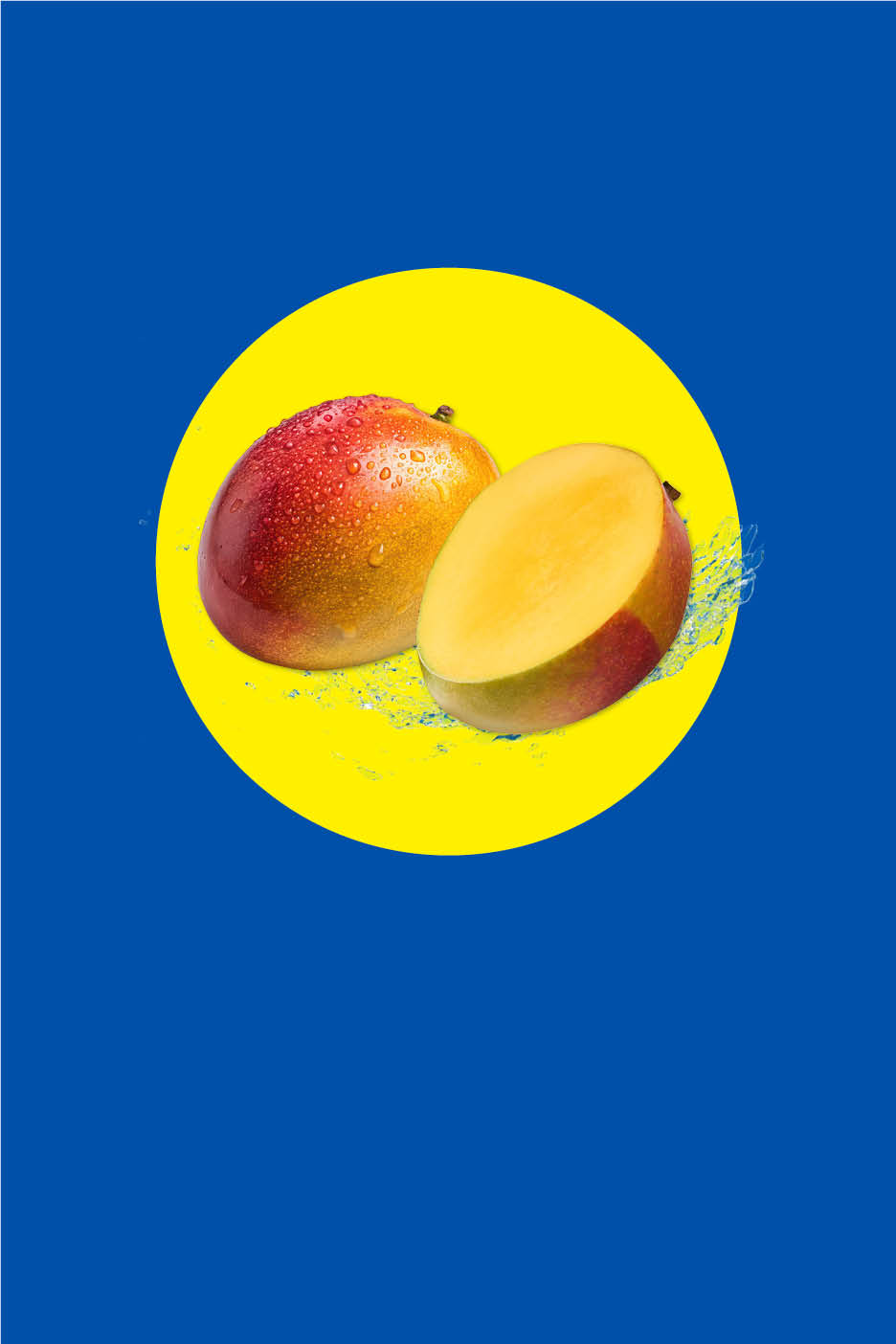 Zwei Mangos, eine davon halbiert, auf einem gelben Kreis vor blauem Hintergrund.