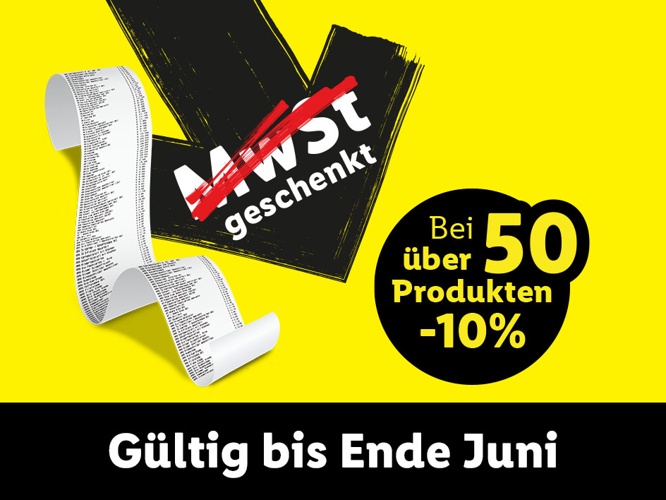 Gelber Hintergrund darauf Produktbühne mit Fleischartikel. Links oben Pfeil mit Text: "MwSt geschenkt" und daneben eine Rechnung. Rechts oben schwarze Bubble mit Text: "Bei über 50 Produkten -10%"