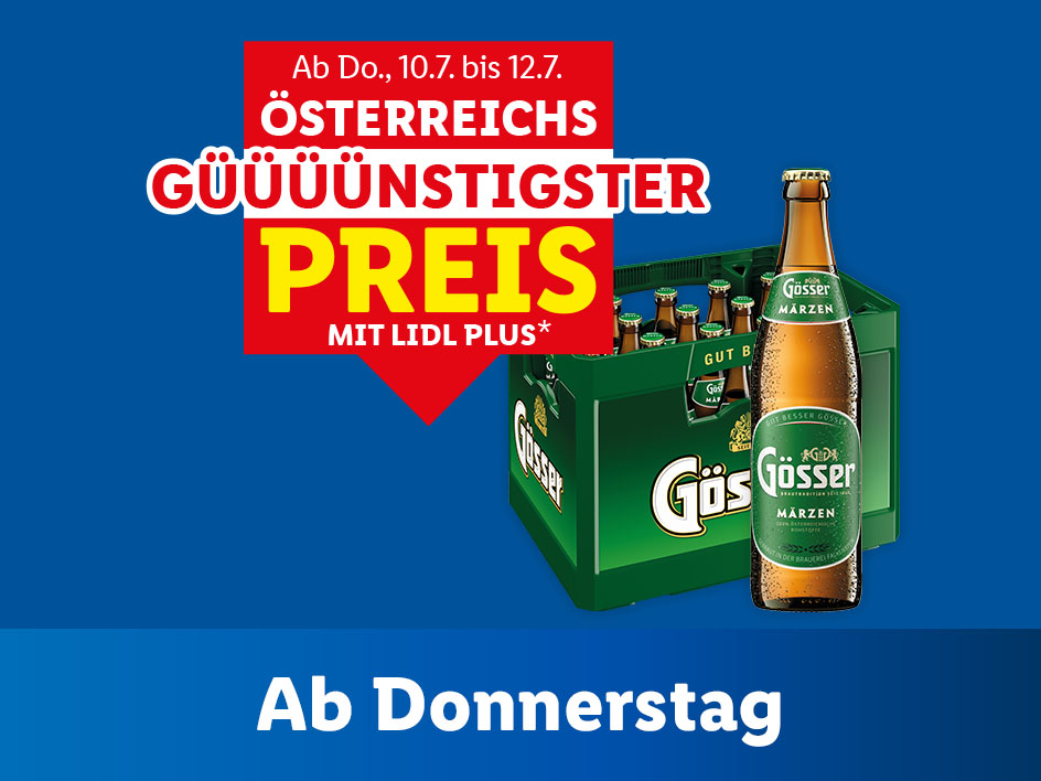Gösser Märzen Bierkasten im Lidl Angebot: ab Donnerstag, 10.7. bis 12.7. zum günstigsten Preis mit Lidl Plus.