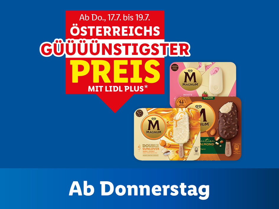 Magnum Eis am Stiel im Angebot bei Lidl: Weiß, vegan und Double Sunlover.