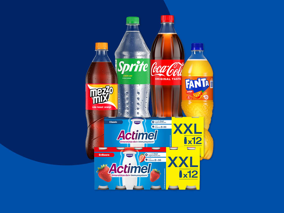 Eine Auswahl an Getränken, darunter Coca-Cola, Sprite, Fanta, Mezzo Mix und Actimel.