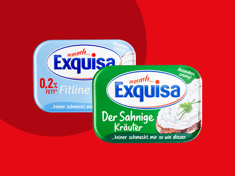 Zwei Exquisa Frischkäse-Sorten: Fitline (0,2% Fett) und Sahne Kräuter.