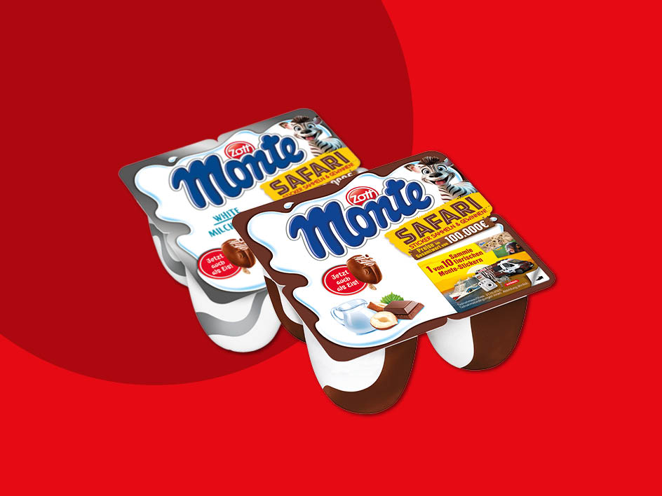 Zwei Packungen Zott Monte, eine weiße Milch- und eine Schokoladenvariante, mit Safari-Thema und Gewinnspiel.
