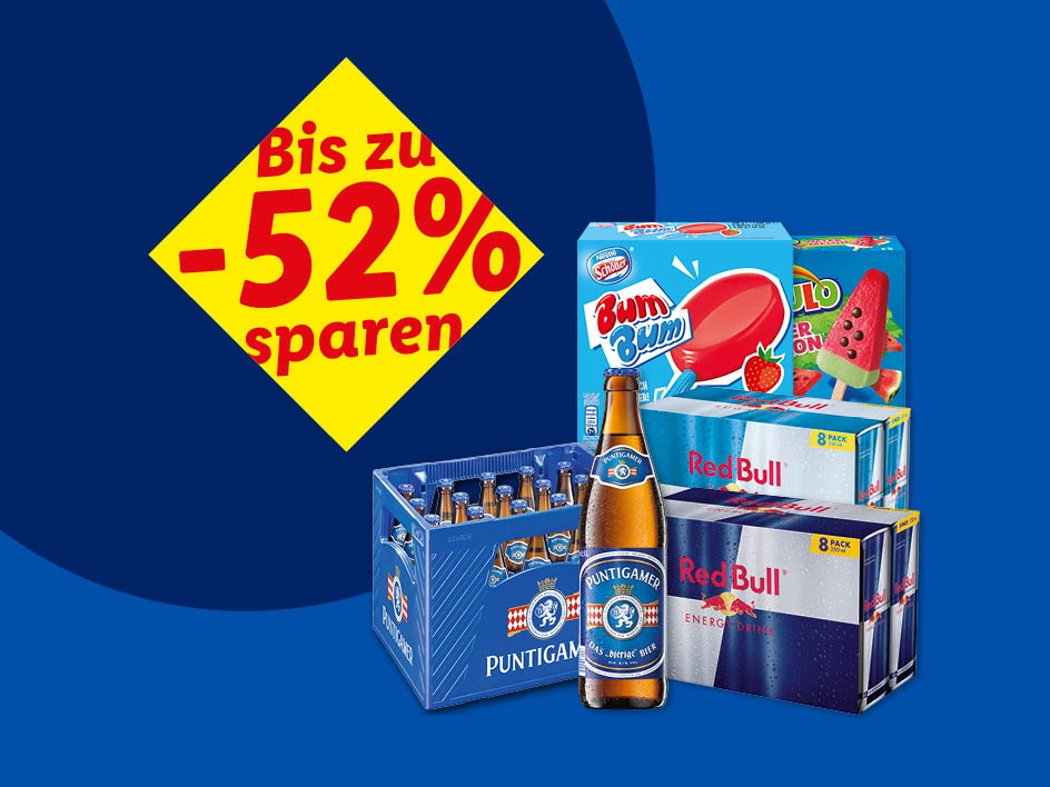 Püntigamer Bier, Red Bull Energy Drinks und Bum Bum Eis am Stiel im Angebot mit bis zu 52% Rabatt.