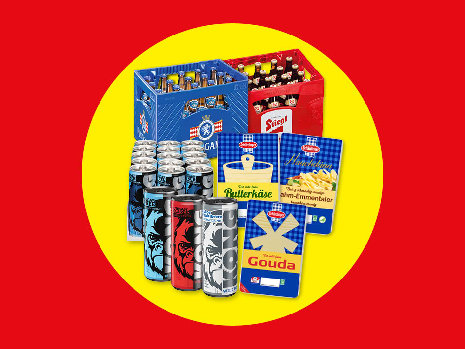 Eine Auswahl an Getränken und Käseprodukten, darunter Bierkästen, Energydrinks und verschiedene Käsesorten.
