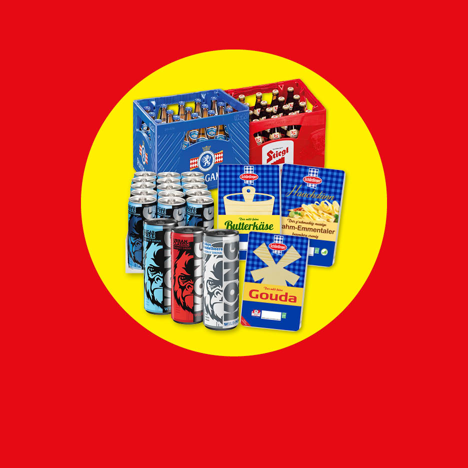 Eine Auswahl an Getränken und Käseprodukten, darunter Stiegl Bier, Schärdinger Butterkäse, Emmentaler und Gouda.