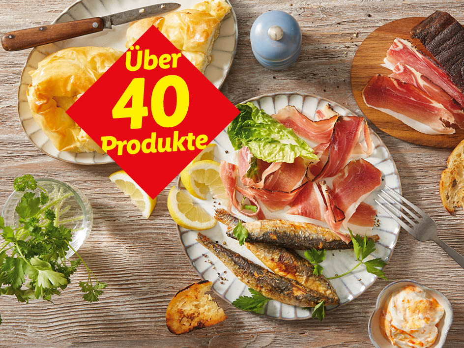 Über 40 Produkte: Gebratene Sardellen, Prosciutto, Blätterteiggebäck und Dip.
