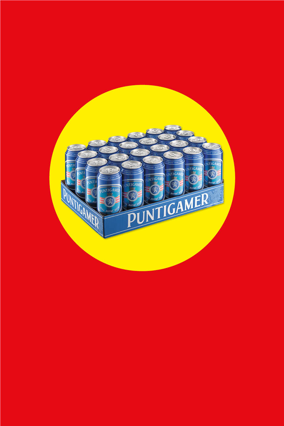 Ein blauer Karton mit 24 Dosen Puntigamer Bier auf rotem Hintergrund mit gelbem Kreis.