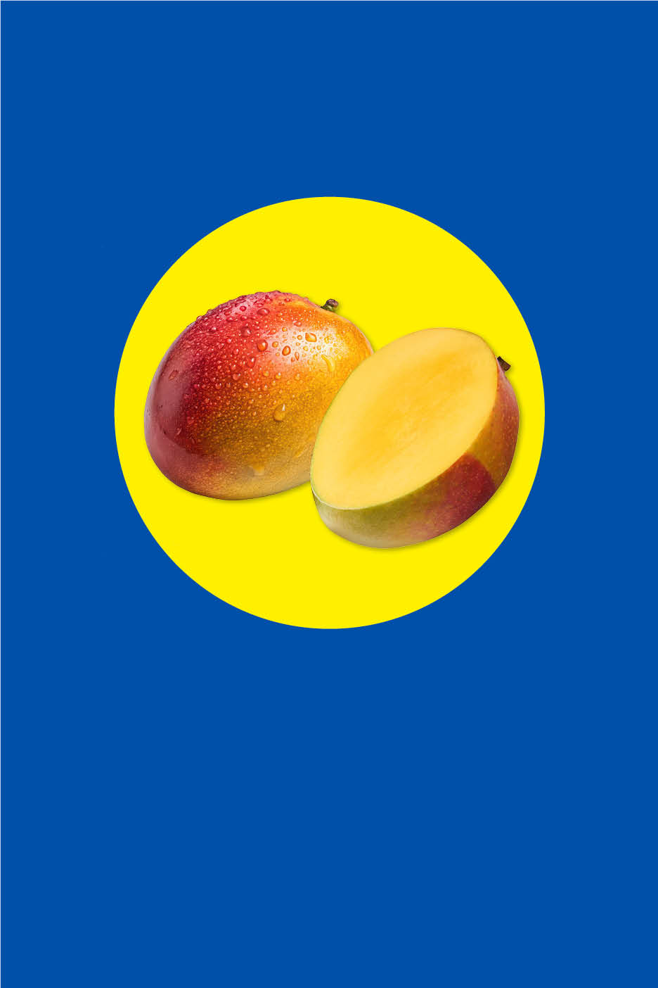 Zwei Mangos, eine davon halbiert, auf einem gelben Kreis vor blauem Hintergrund.