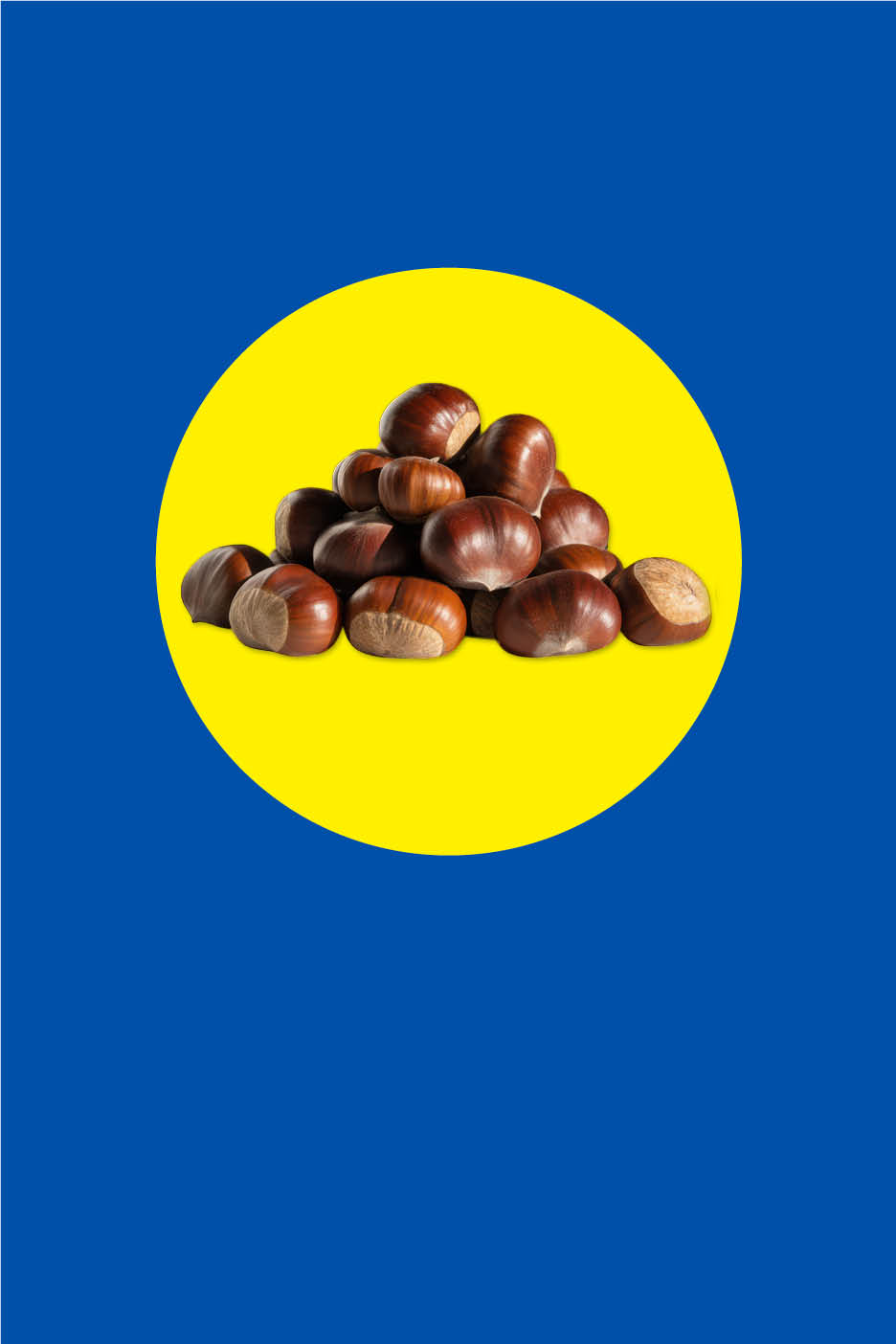 Ein Haufen Kastanien auf einem gelben Kreis vor blauem Hintergrund.