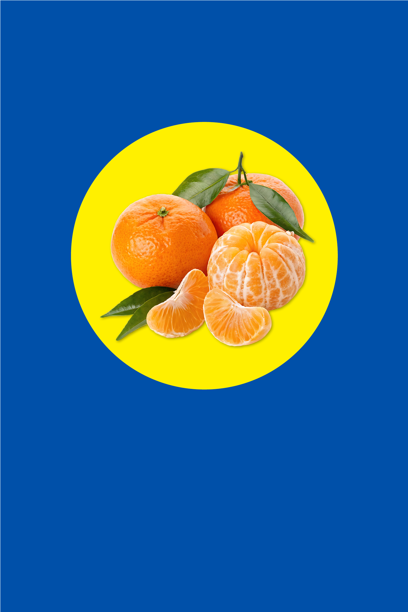 Frische Mandarinen, teilweise geschält, auf einem gelben Kreis vor blauem Hintergrund.