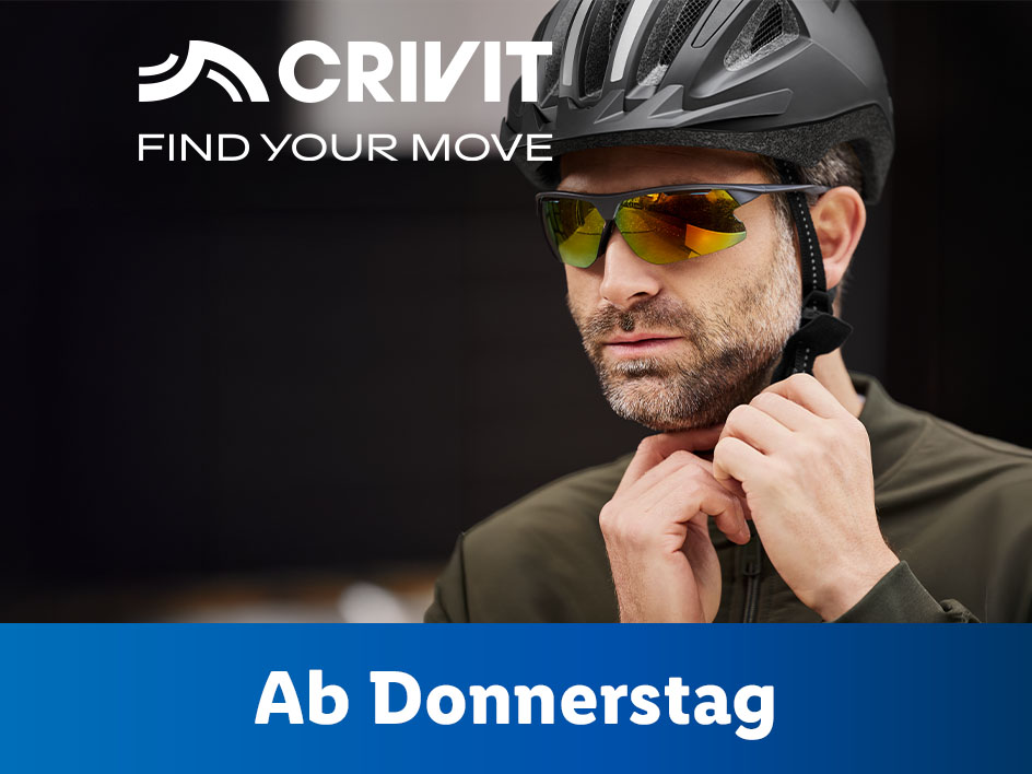 Crivit Fahrradhelm und Sonnenbrille: Ab Donnerstag erhältlich.