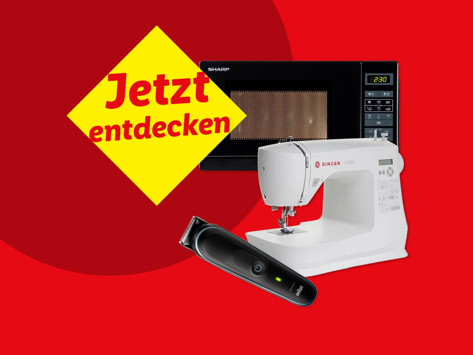 Ein Mikrowellenherd, eine Nähmaschine und ein Rasierer auf rotem Hintergrund mit der Aufschrift „Jetzt entdecken“.