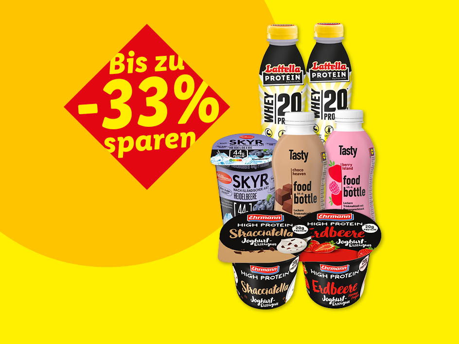 Werbebild für Proteinprodukte wie Joghurt, Getränke und Skyr mit einem Rabatt von bis zu 33%.