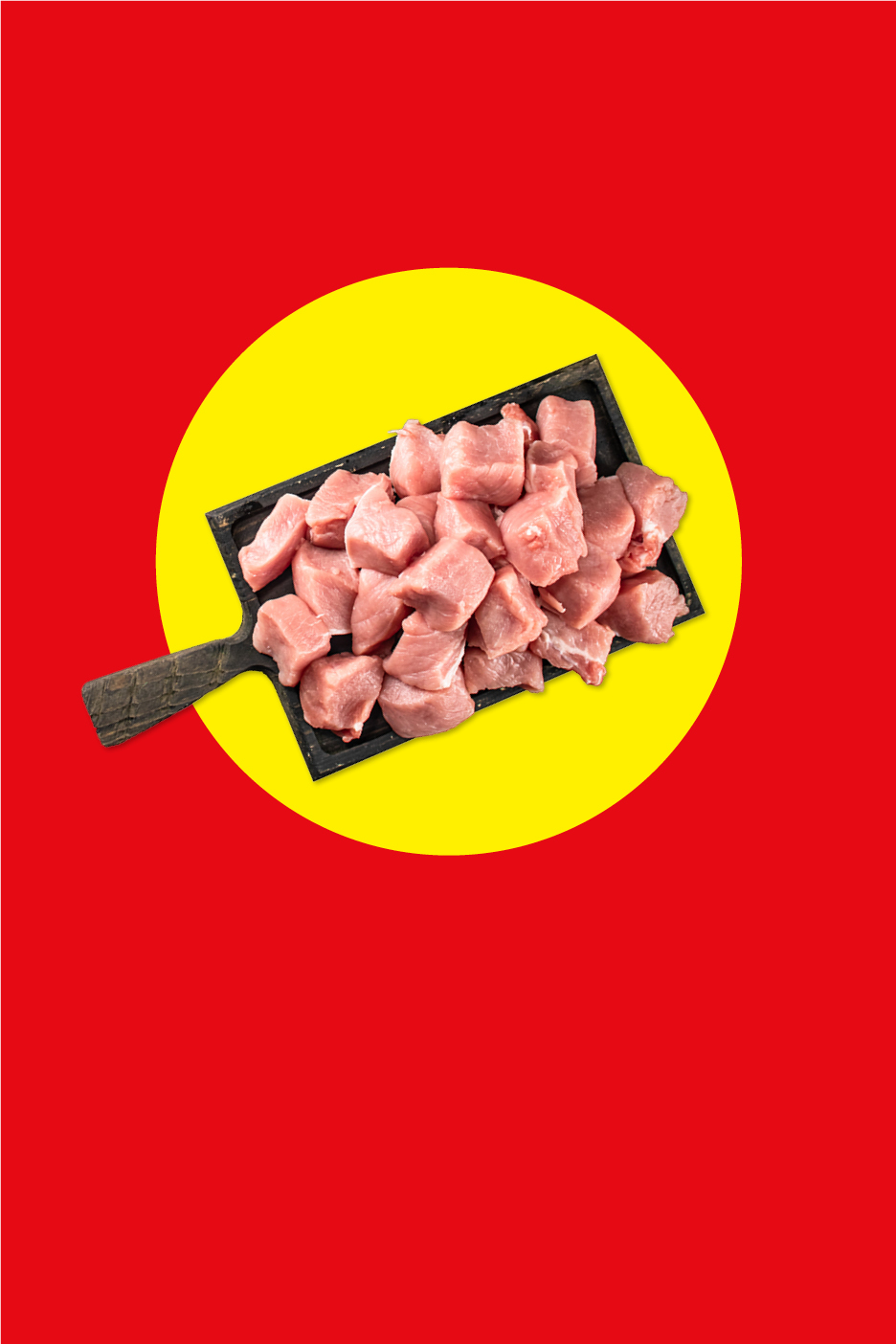 Gewürfeltes Schweinefleisch auf einem schwarzen Holzbrett, auf einem gelben Kreis vor rotem Hintergrund.