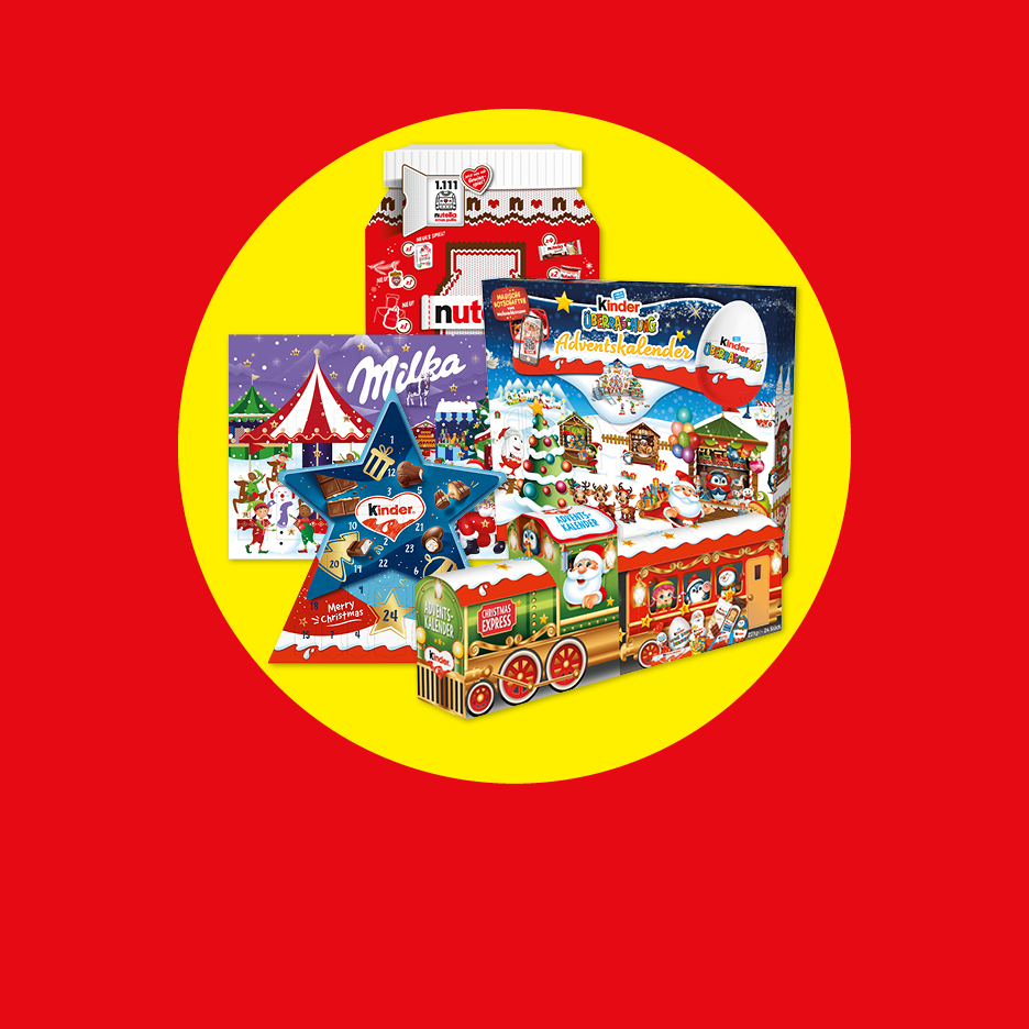 Weihnachtliche Adventskalender von Kinder, Milka und Nutella auf gelbem Kreis vor rotem Hintergrund.