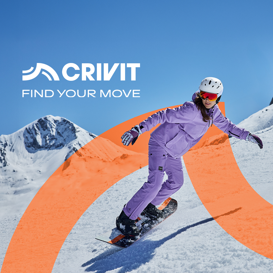 Crivit Logo, Snowboarderin in lila Ausrüstung auf verschneitem Berg, 'FIND YOUR MOVE'