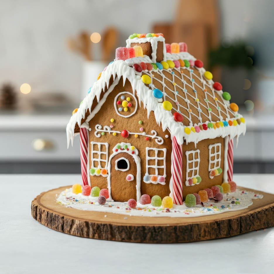 Ein Lebkuchenhaus, verziert mit bunten Süßigkeiten und Zuckerguss, auf einem Holzbrett.