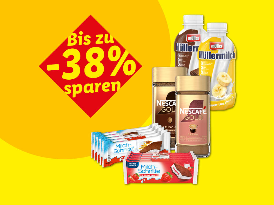 Werbebild mit Müller Milchgetränken, Nescafé Gold und Kinder Milch-Schnitte mit einem Rabatt von bis zu 38%.