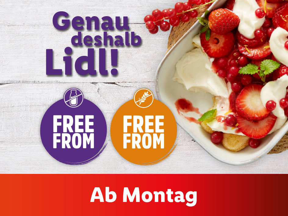 Lidl-Werbung: Erdbeer-Tiramisu, laktosefrei und glutenfrei, ab Montag erhältlich.
