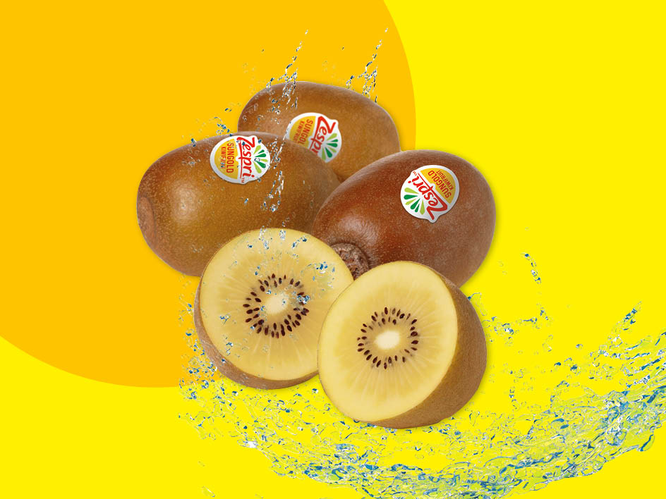 Zespri Sungold Kiwis spritzen vor Frische.