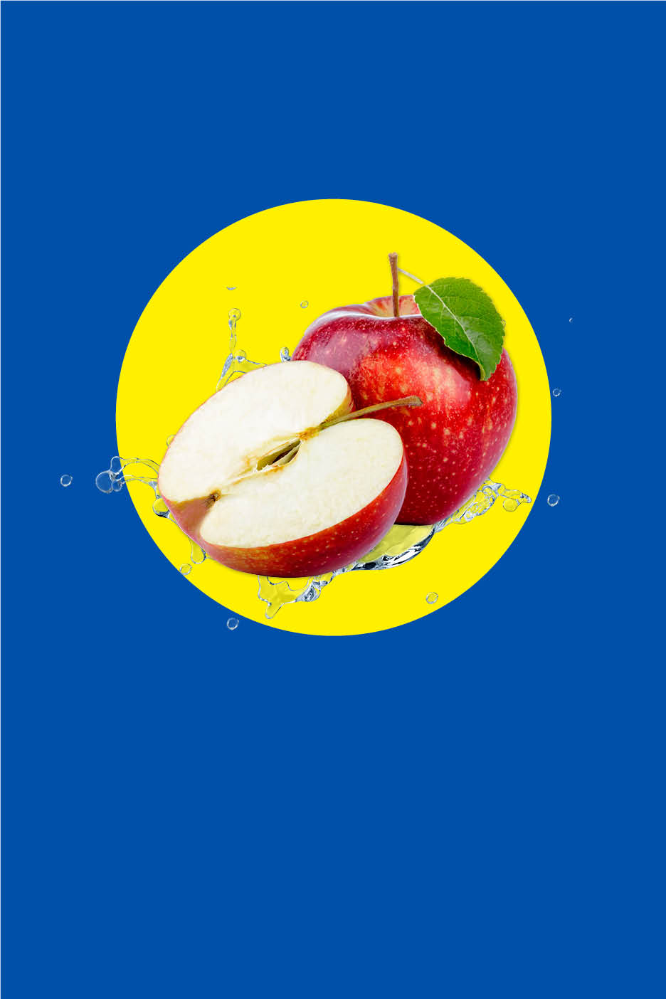 Rote Äpfel, einer davon halbiert, mit Wasserspritzern auf gelbem Kreis vor blauem Hintergrund.