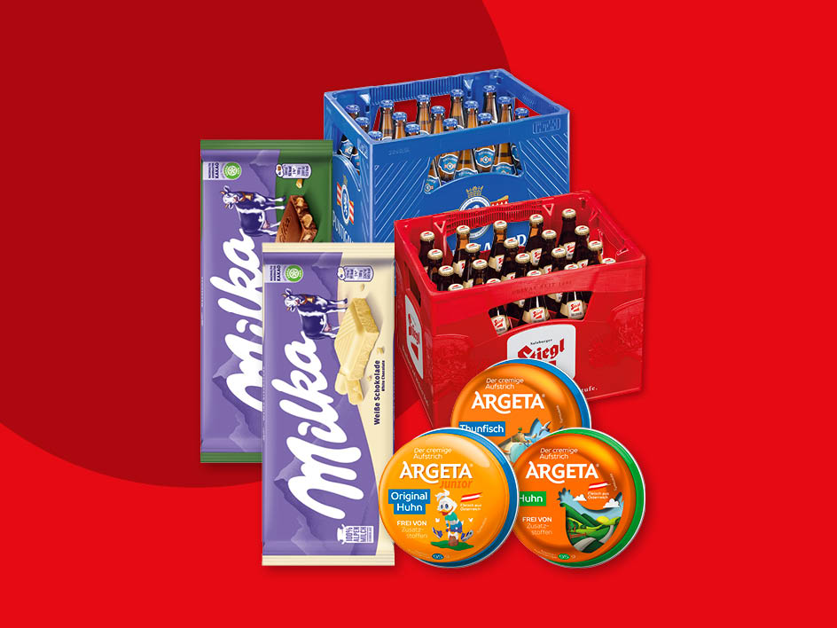 Milka Schokolade, Stiegl Bierkästen und Argeta Brotaufstriche auf rotem Hintergrund.