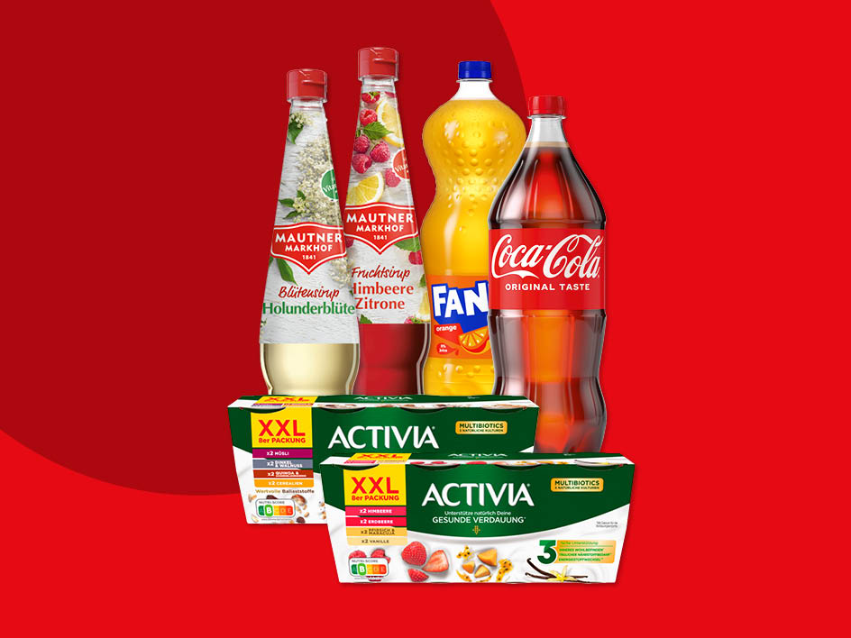 Eine Auswahl an Getränken und Joghurtprodukten, darunter Coca-Cola, Fanta, Mautner Markhof Sirupe und Activia.