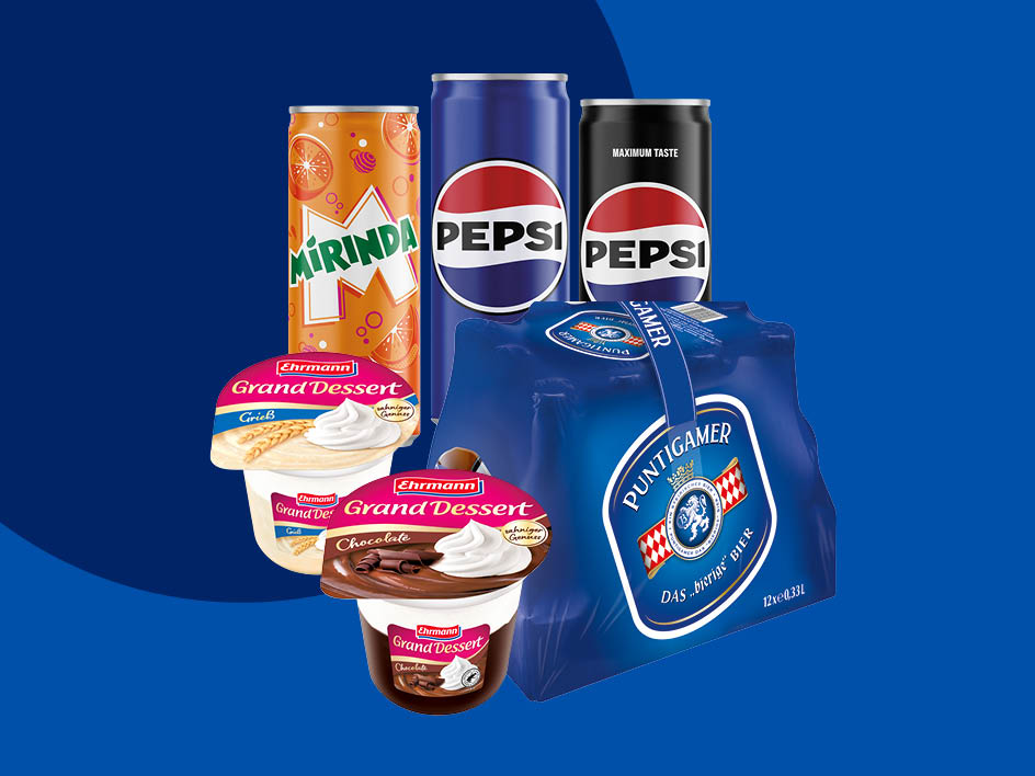 Pepsi, Mirinda Dosen, Ehrmann Desserts und Puntigamer Bier in einer Produktzusammenstellung.