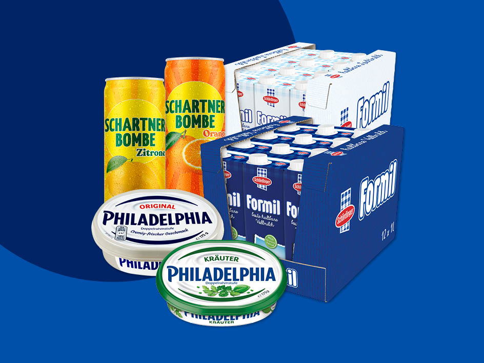 Eine Auswahl an Lebensmitteln, darunter Philadelphia Frischkäse, Schartner Bombe Limonade und Formil Milch.