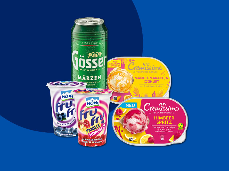 Eine Dose Gösser Bier, zwei Becher Nöm Fru Fru Joghurt und zwei Packungen Cremissimo Eis.